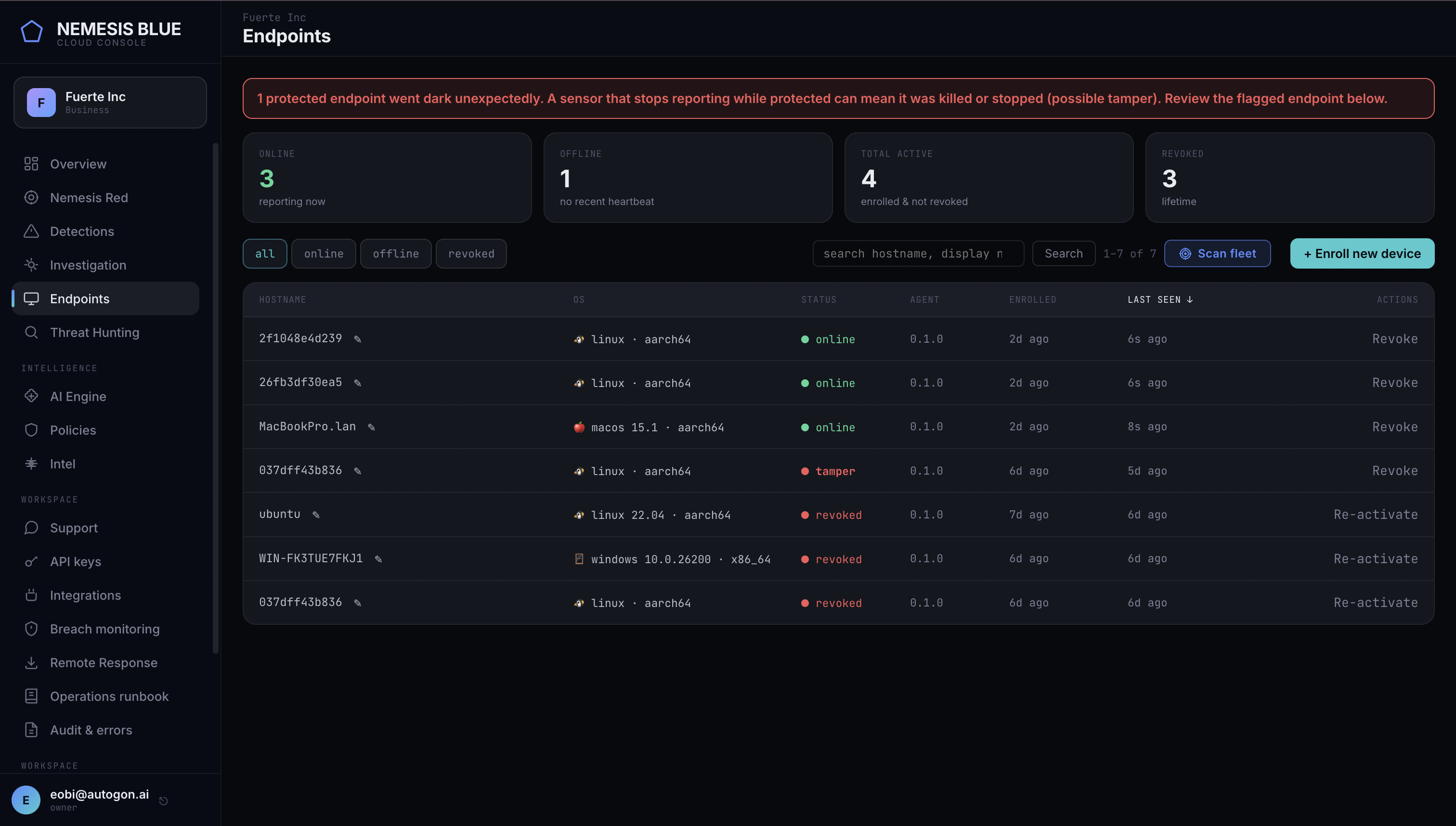 Nemesis Blue cloud console: enrolled endpoints