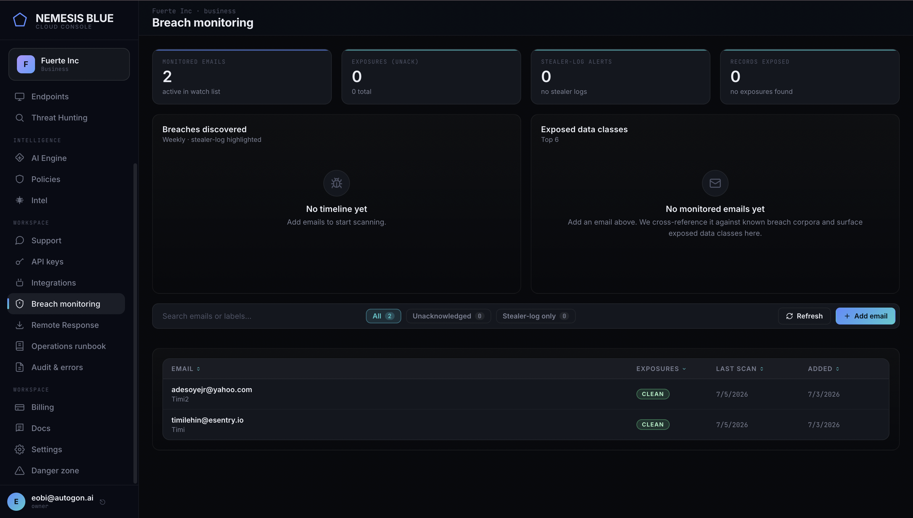Nemesis Blue cloud console — fleet management