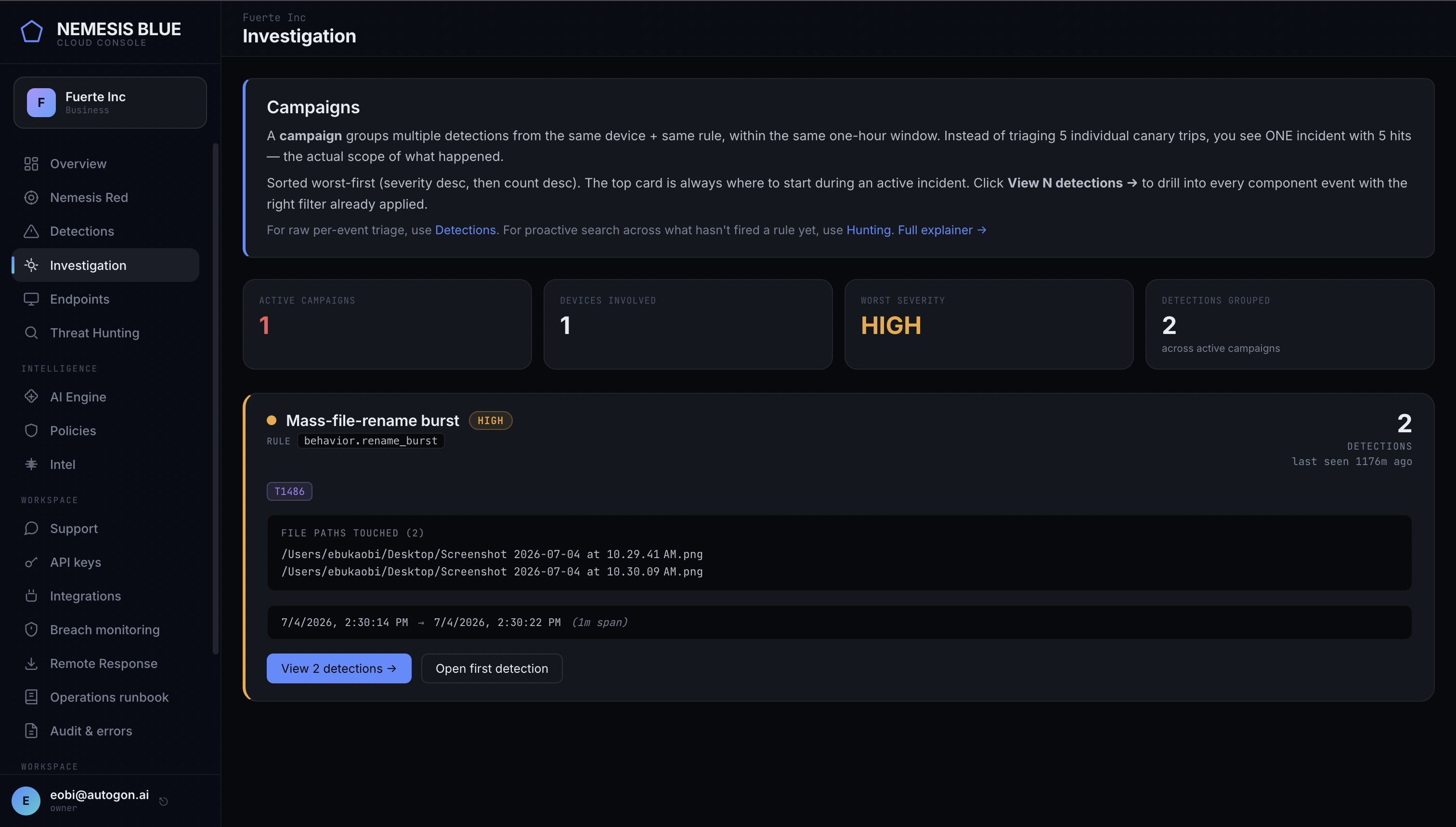 Nemesis Blue cloud console — fleet management