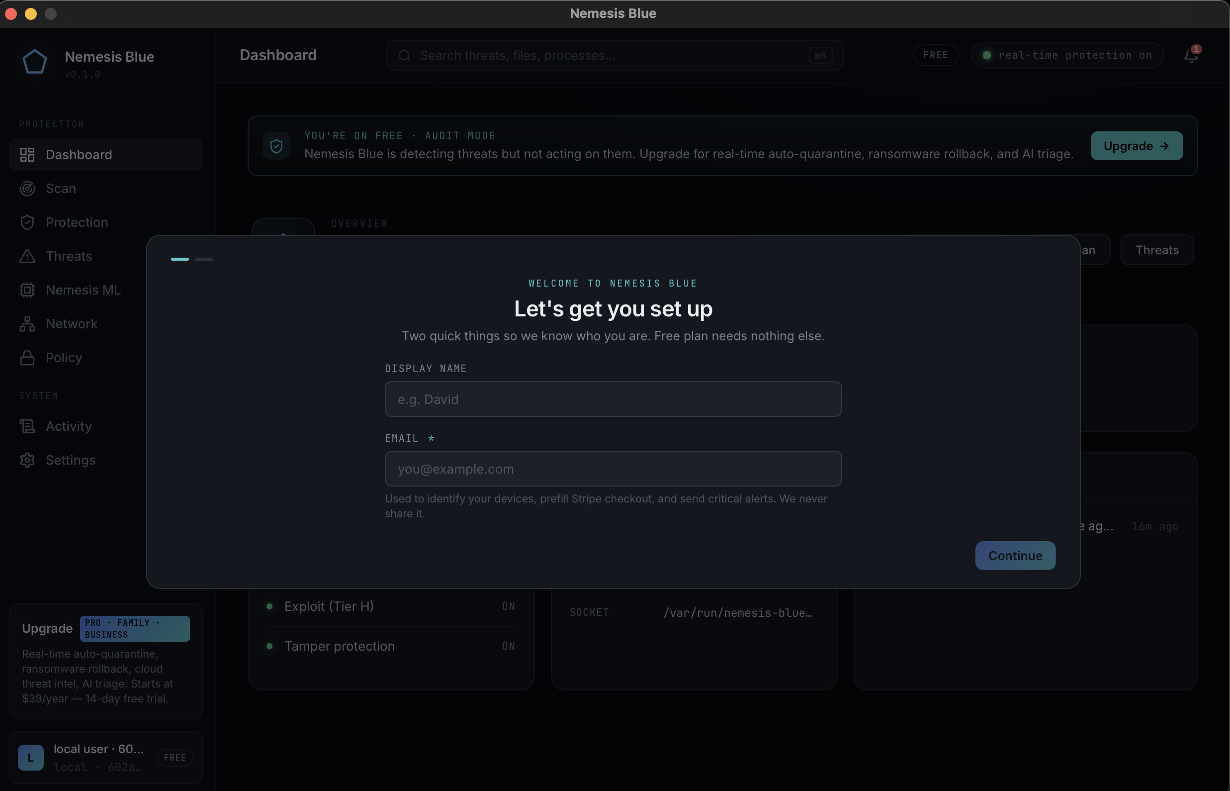 Nemesis Blue endpoint app — first-run setup
