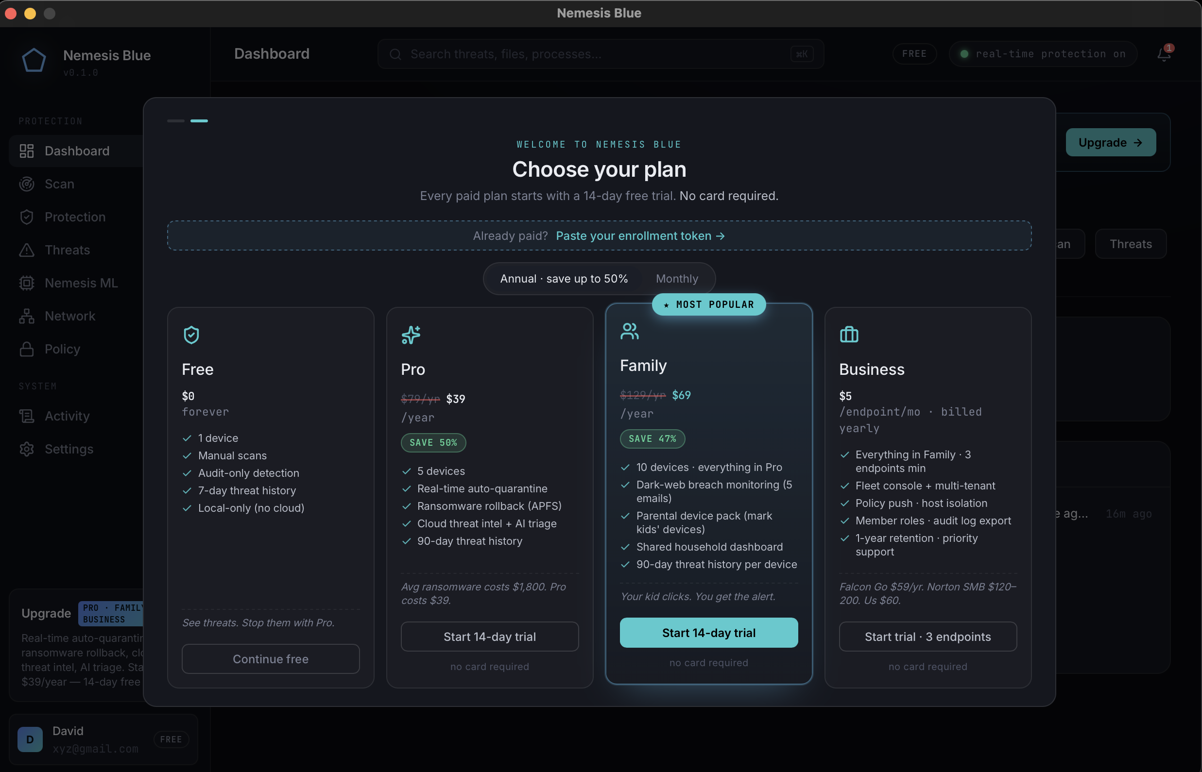 Nemesis Blue endpoint protection app, screen 1 of 8