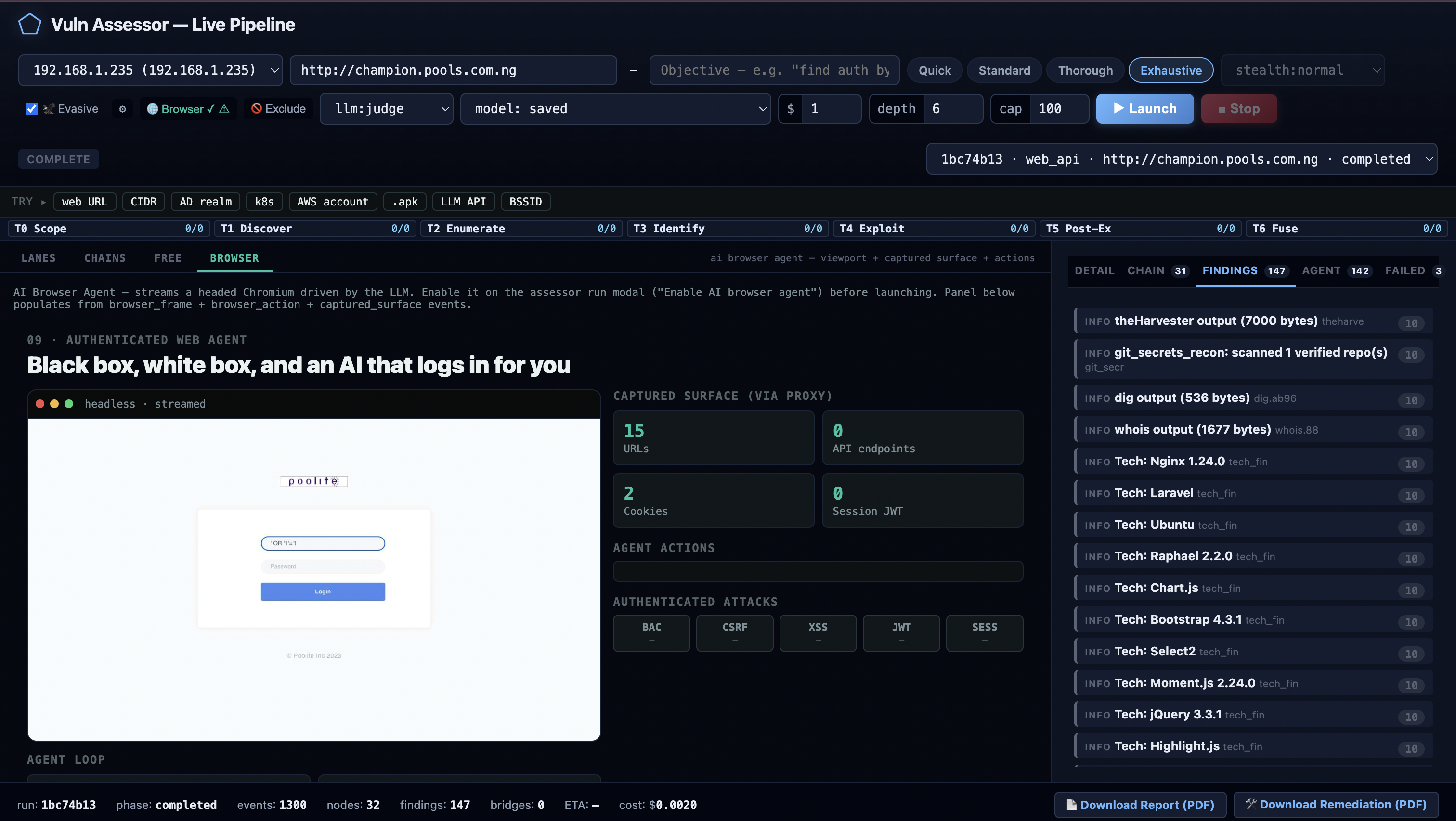 AI browser agent running authenticated attacks in a headed browser
